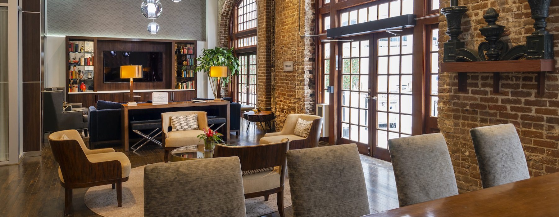 a room with a table and chairs